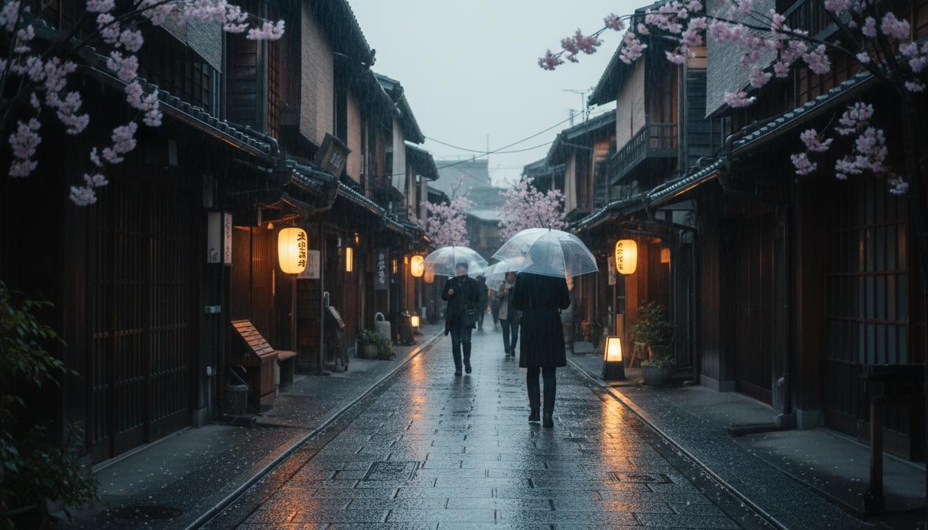 Rainy street in Kyoto with travelers holding umbrellas